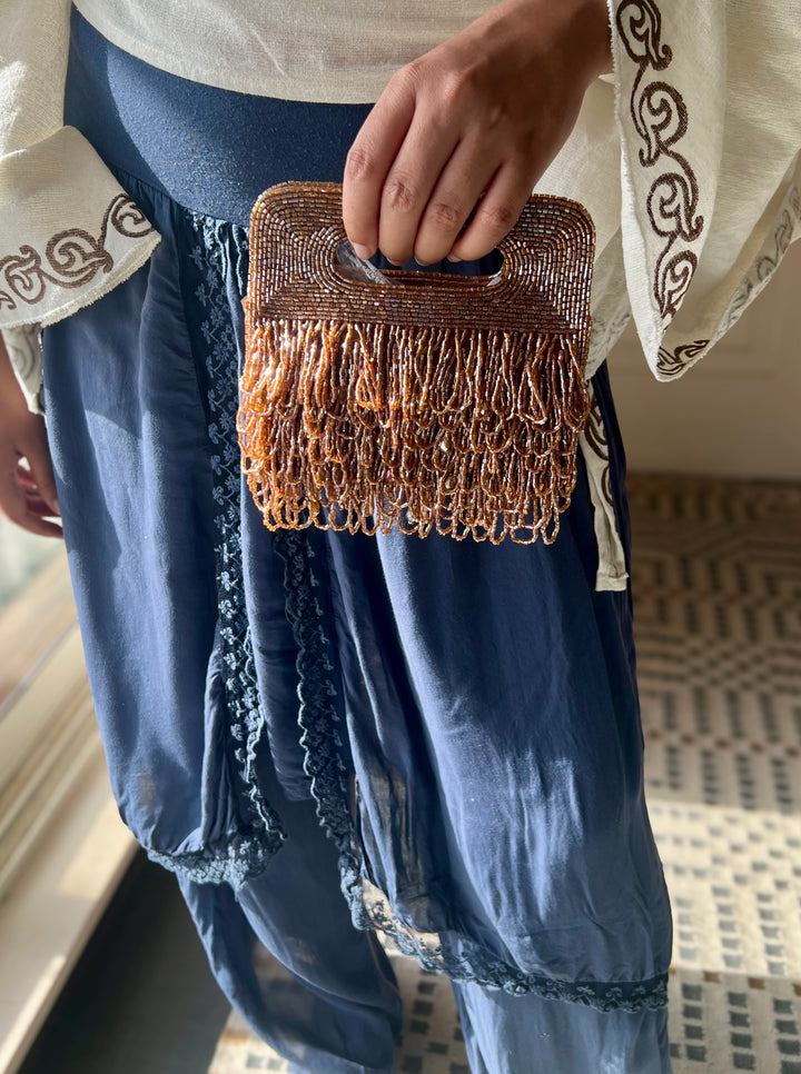 Handmade Rust Gold Beaded Statement Purse | Elegant Evening Clutch with Detachable Sling Chain