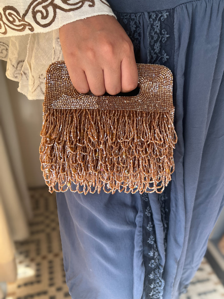 Handmade Rust Gold Beaded Statement Purse | Elegant Evening Clutch with Detachable Sling Chain