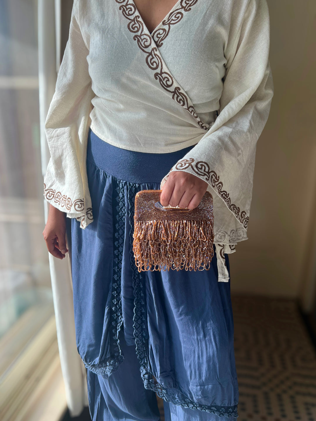 Handmade Rust Gold Beaded Statement Purse | Elegant Evening Clutch with Detachable Sling Chain