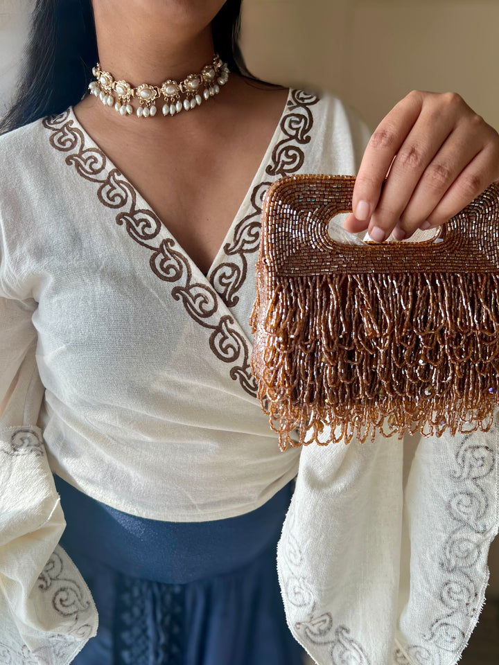 Handmade Rust Gold Beaded Statement Purse | Elegant Evening Clutch with Detachable Sling Chain