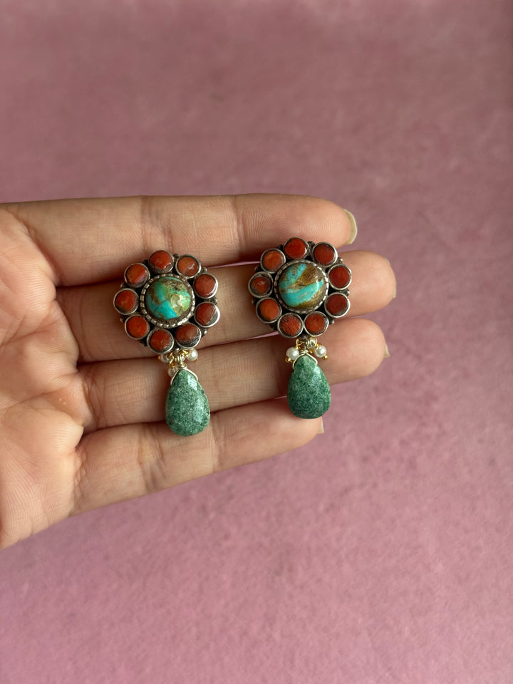 925 Silver Floral Turquoise Coral Amazonite Drop Earrings