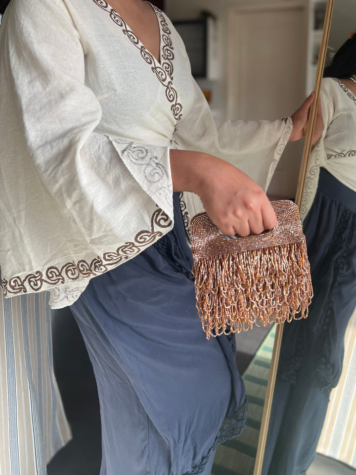 Handmade Rust Gold Beaded Statement Purse | Elegant Evening Clutch with Detachable Sling Chain