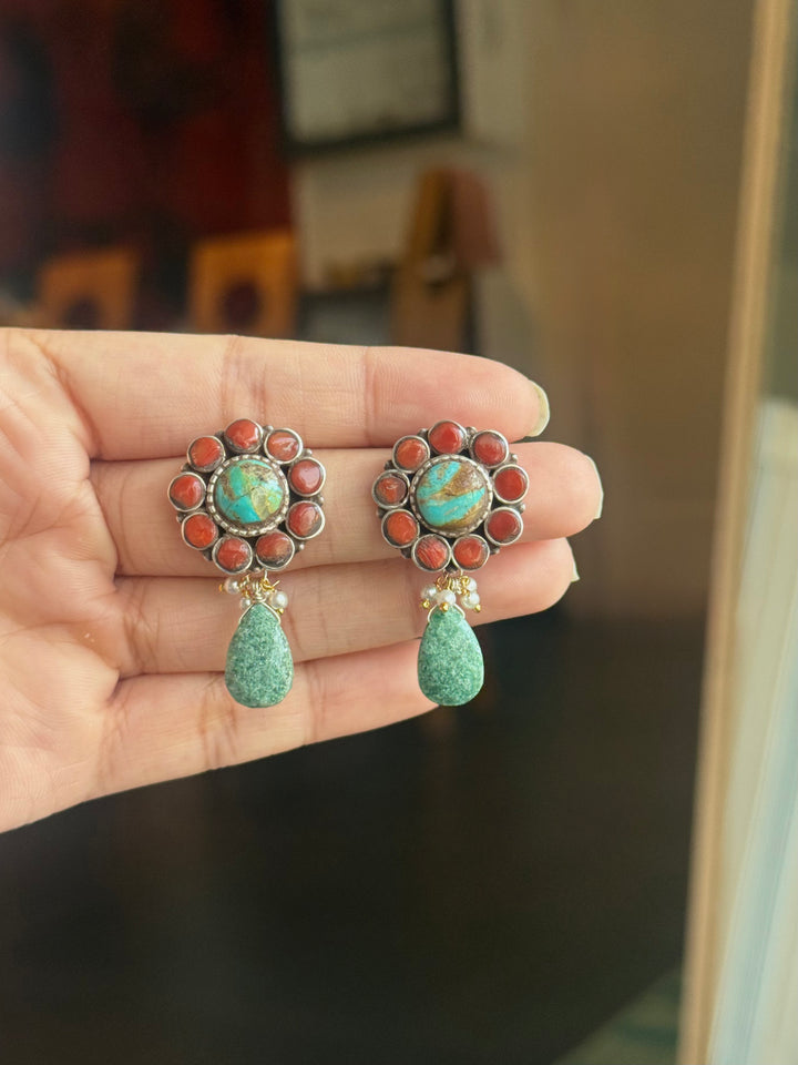 925 Silver Floral Turquoise Coral Amazonite Drop Earrings