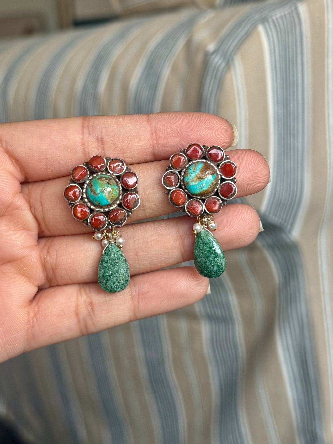 925 Silver Floral Turquoise Coral Amazonite Drop Earrings