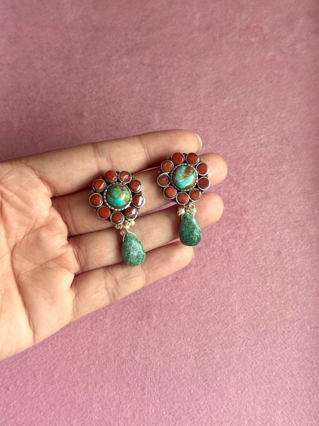 925 Silver Floral Turquoise Coral Amazonite Drop Earrings