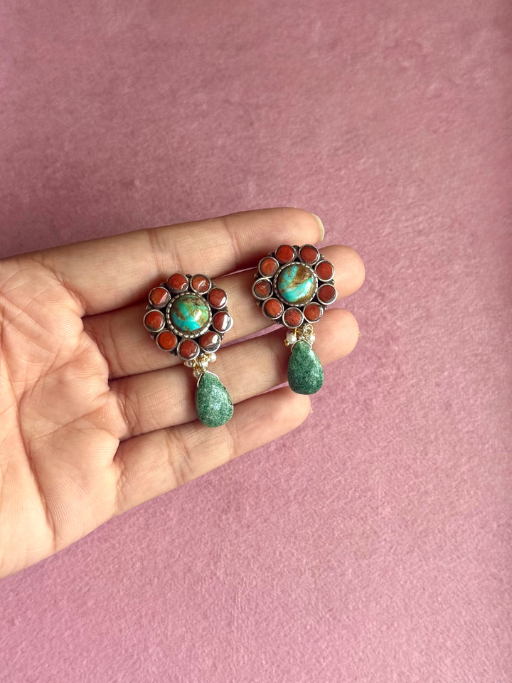 925 Silver Floral Turquoise Coral Amazonite Drop Earrings