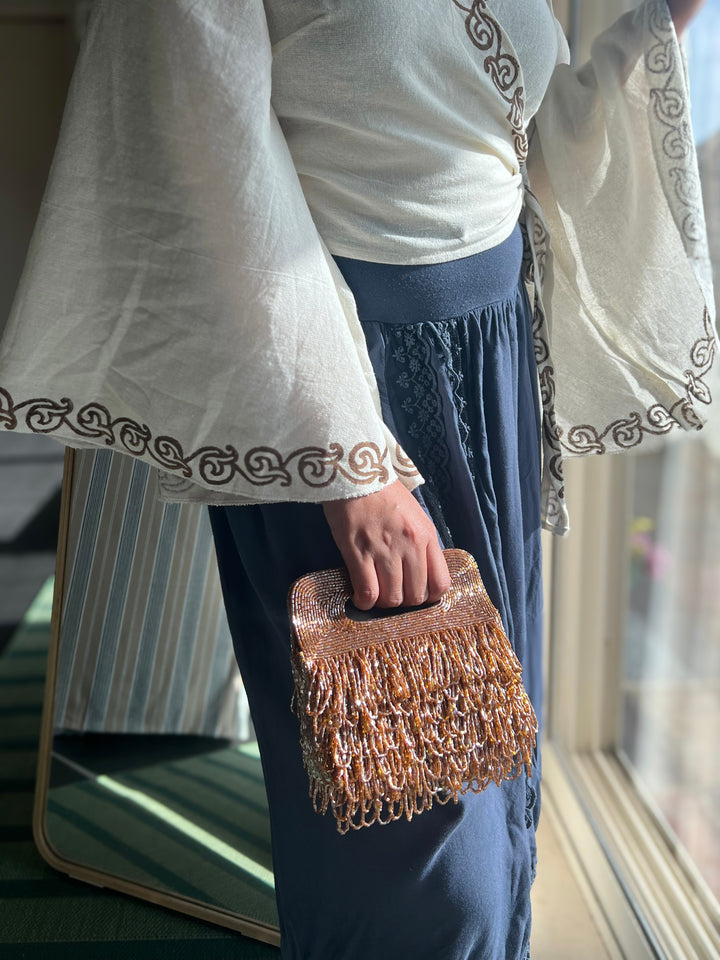 Handmade Rust Gold Beaded Statement Purse | Elegant Evening Clutch with Detachable Sling Chain