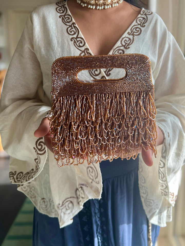 Handmade Rust Gold Beaded Statement Purse | Elegant Evening Clutch with Detachable Sling Chain