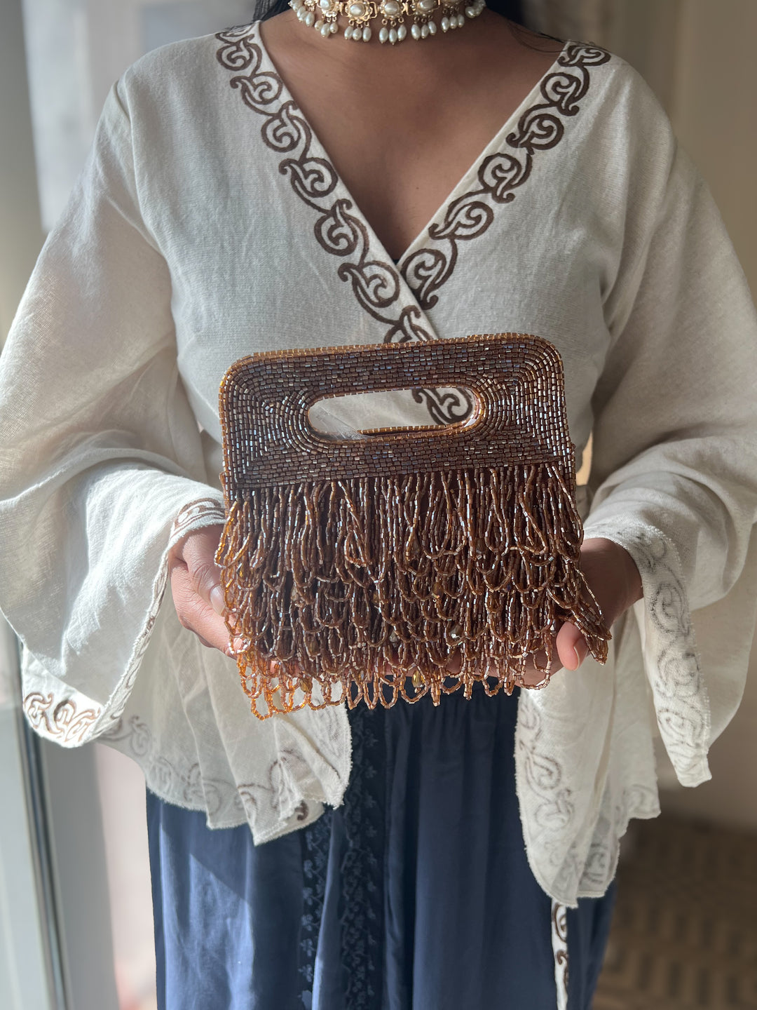 Handmade Rust Gold Beaded Statement Purse | Elegant Evening Clutch with Detachable Sling Chain