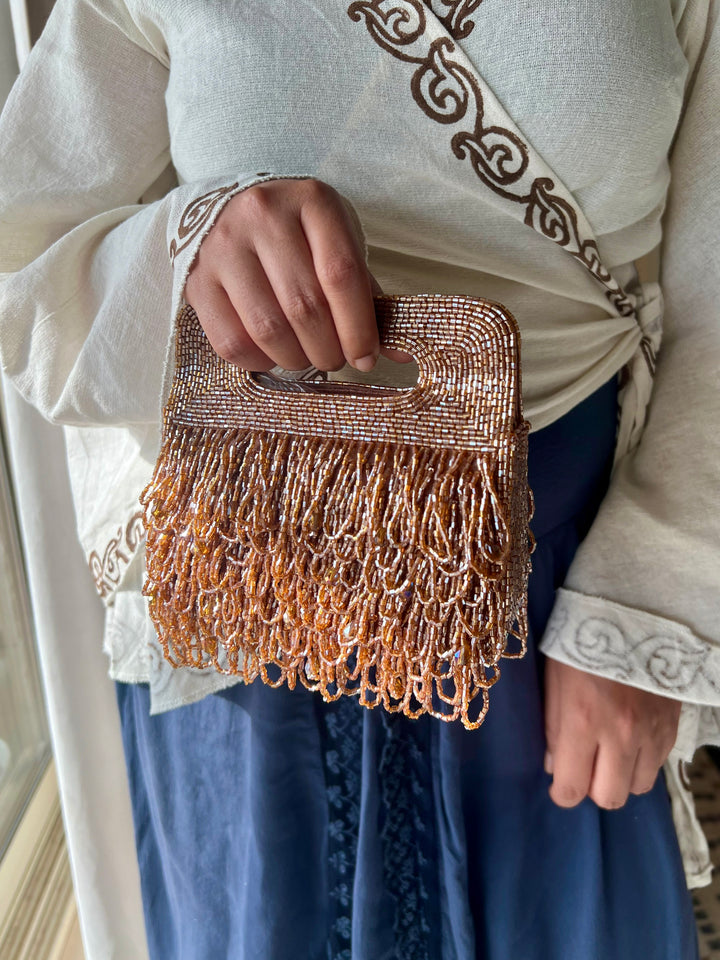Handmade Rust Gold Beaded Statement Purse | Elegant Evening Clutch with Detachable Sling Chain