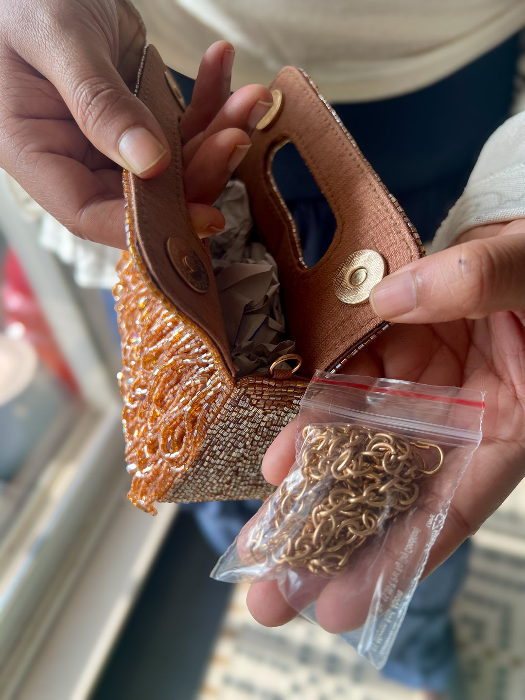 Handmade Rust Gold Beaded Statement Purse | Elegant Evening Clutch with Detachable Sling Chain