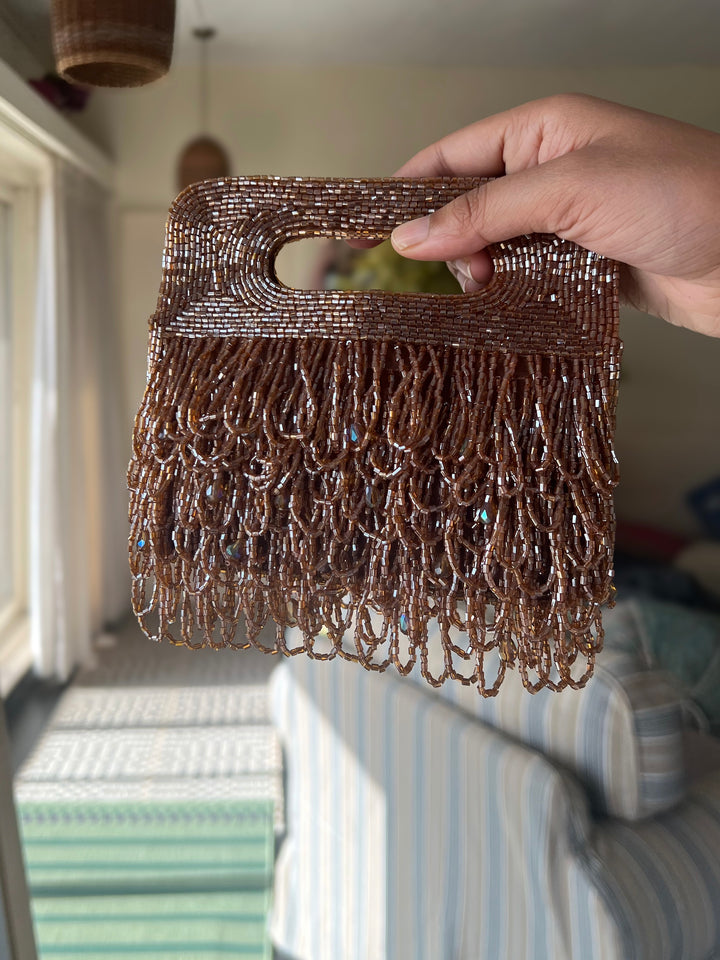 Handmade Rust Gold Beaded Statement Purse | Elegant Evening Clutch with Detachable Sling Chain