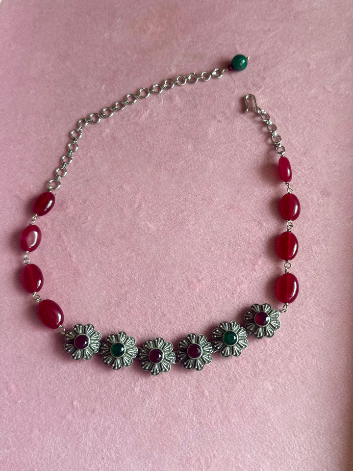 Red and Green Floral Choker Necklace