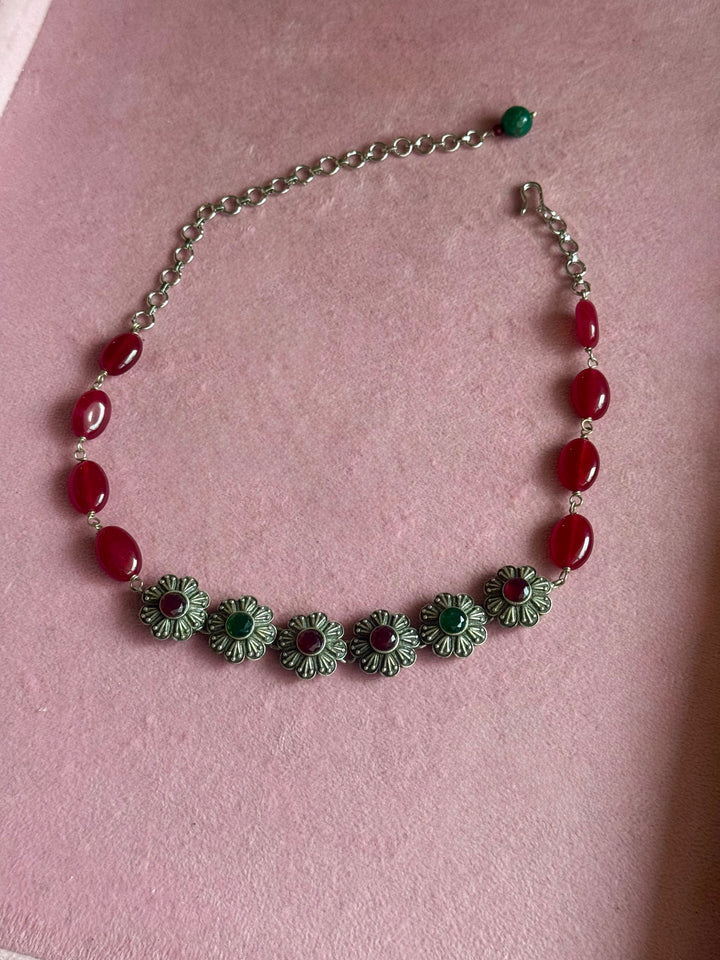 Red and Green Floral Choker Necklace