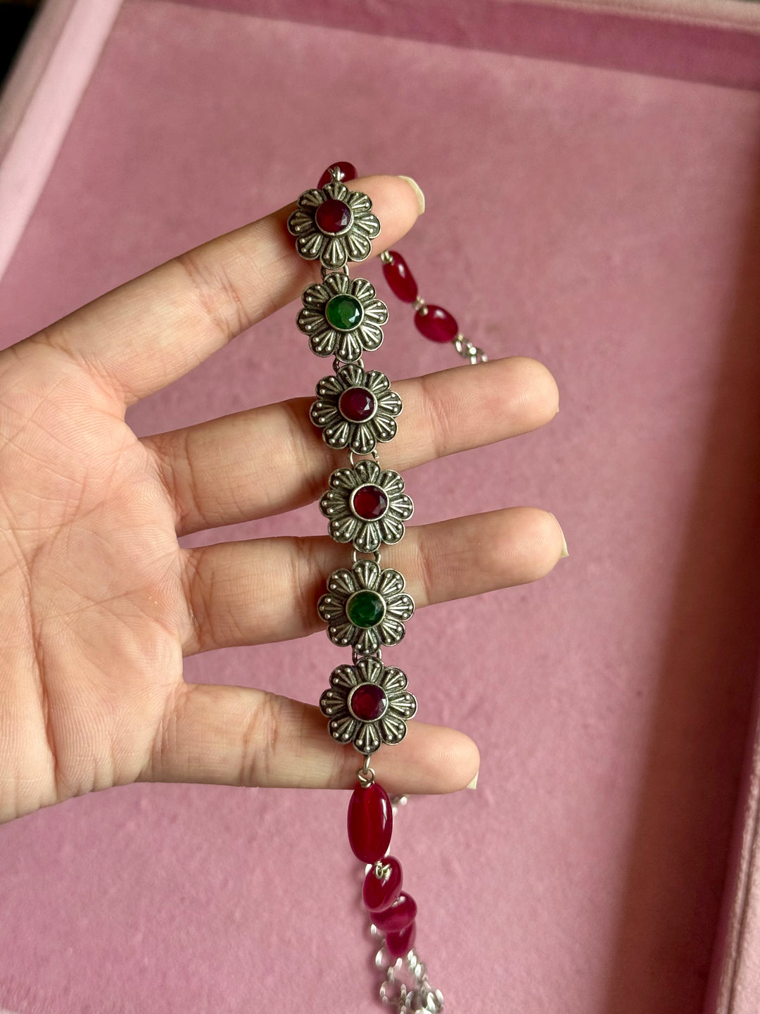 Red and Green Floral Choker Necklace