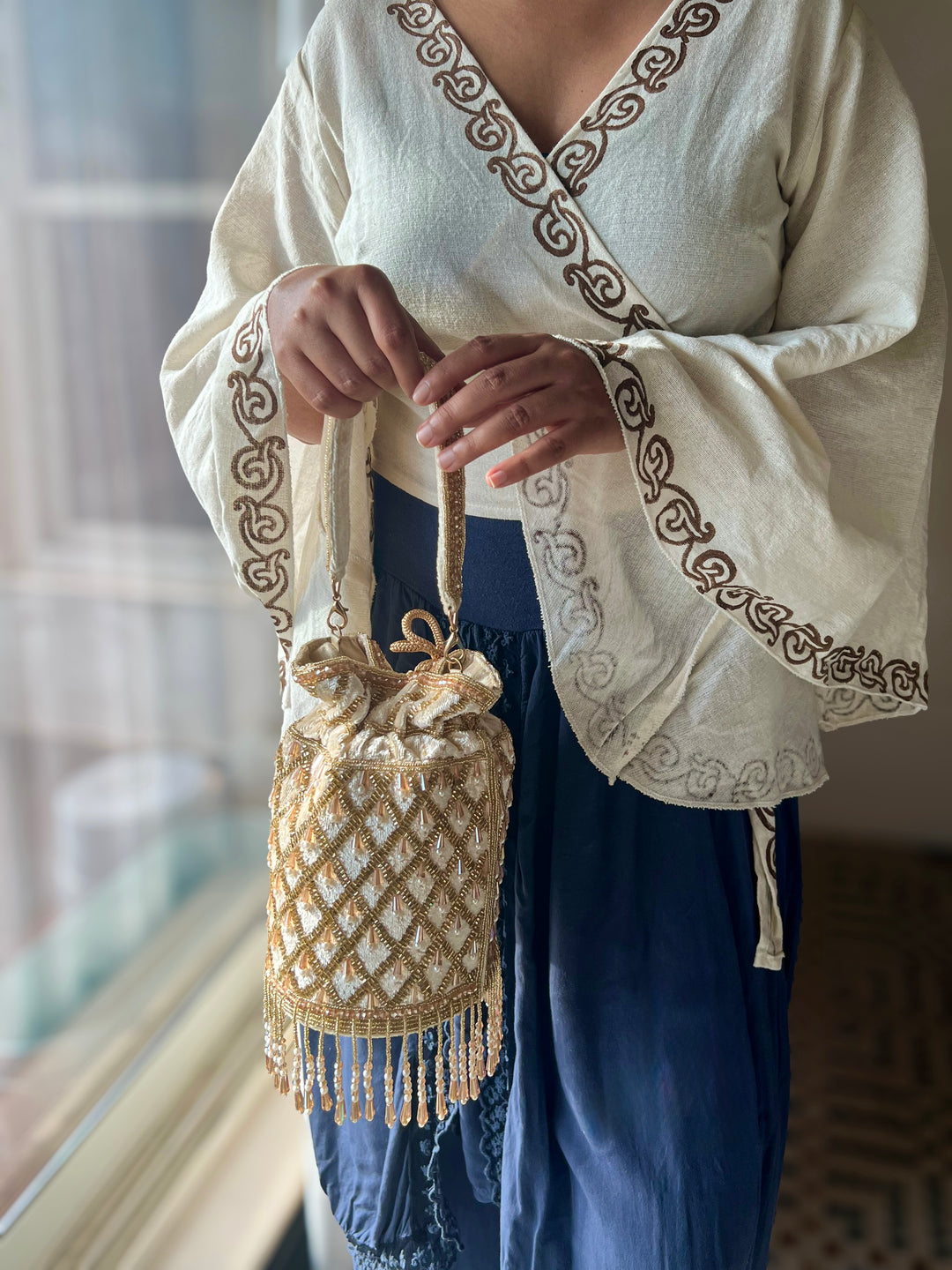 Handmade Velvet Pearl & Beaded Hand Purse | Elegant Statement Evening Clutch with Top Handle