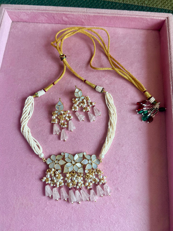 Rose Quartz Mother of Pearl and Pearl Choker Set