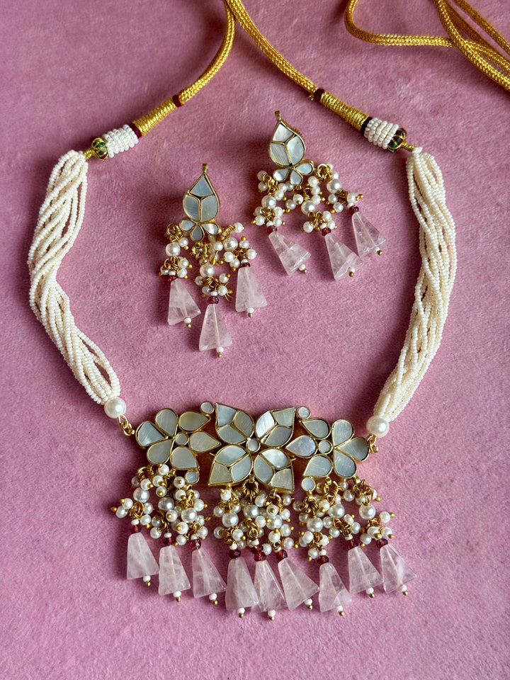 Rose Quartz Mother of Pearl and Pearl Choker Set