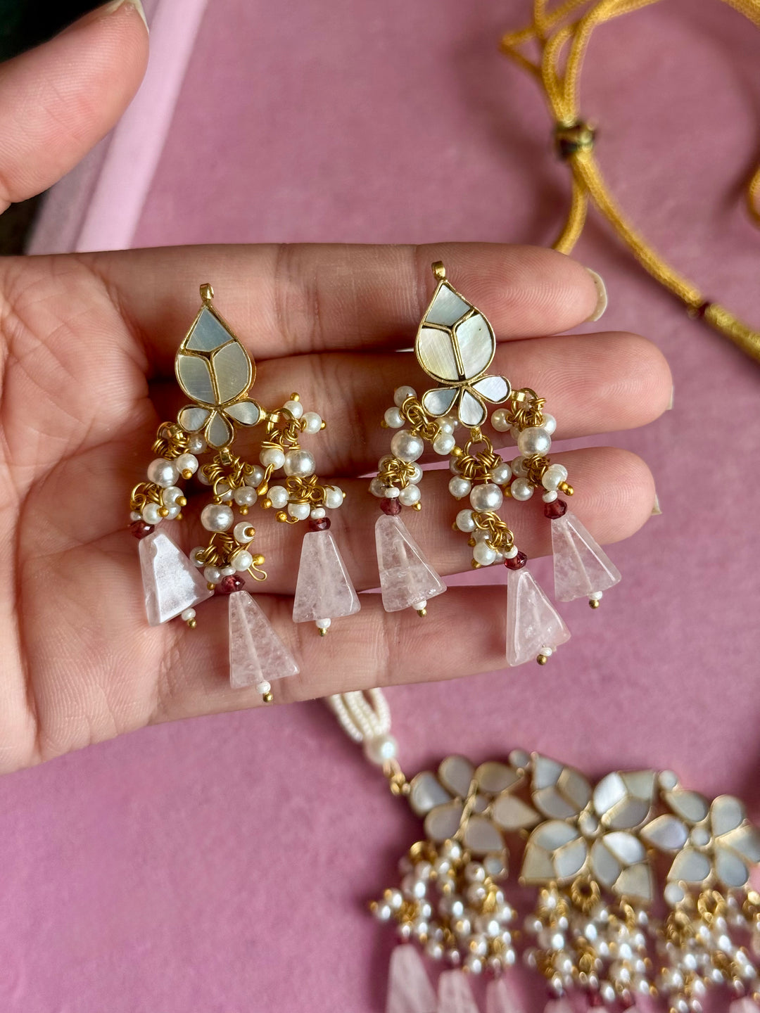 Rose Quartz Mother of Pearl and Pearl Choker Set
