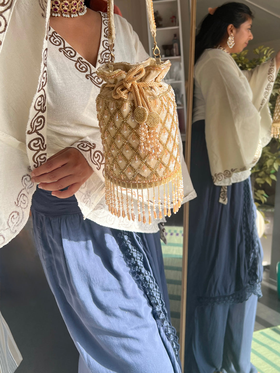 Handmade Velvet Pearl & Beaded Hand Purse | Elegant Statement Evening Clutch with Top Handle