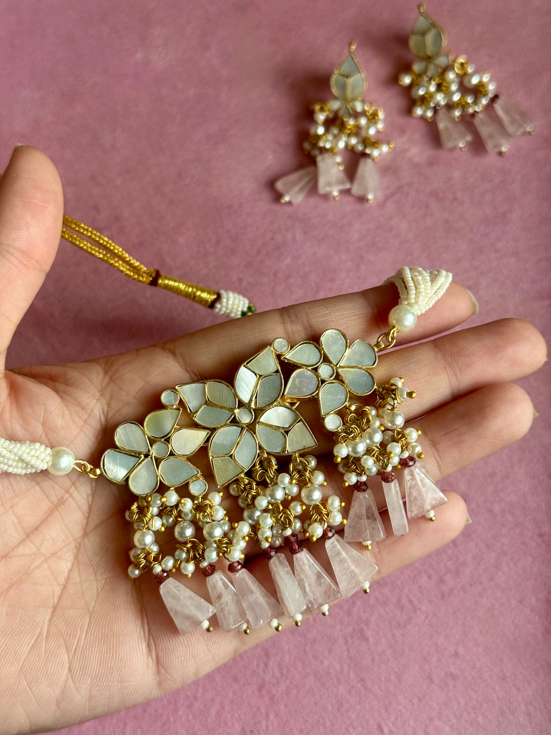 Rose Quartz Mother of Pearl and Pearl Choker Set