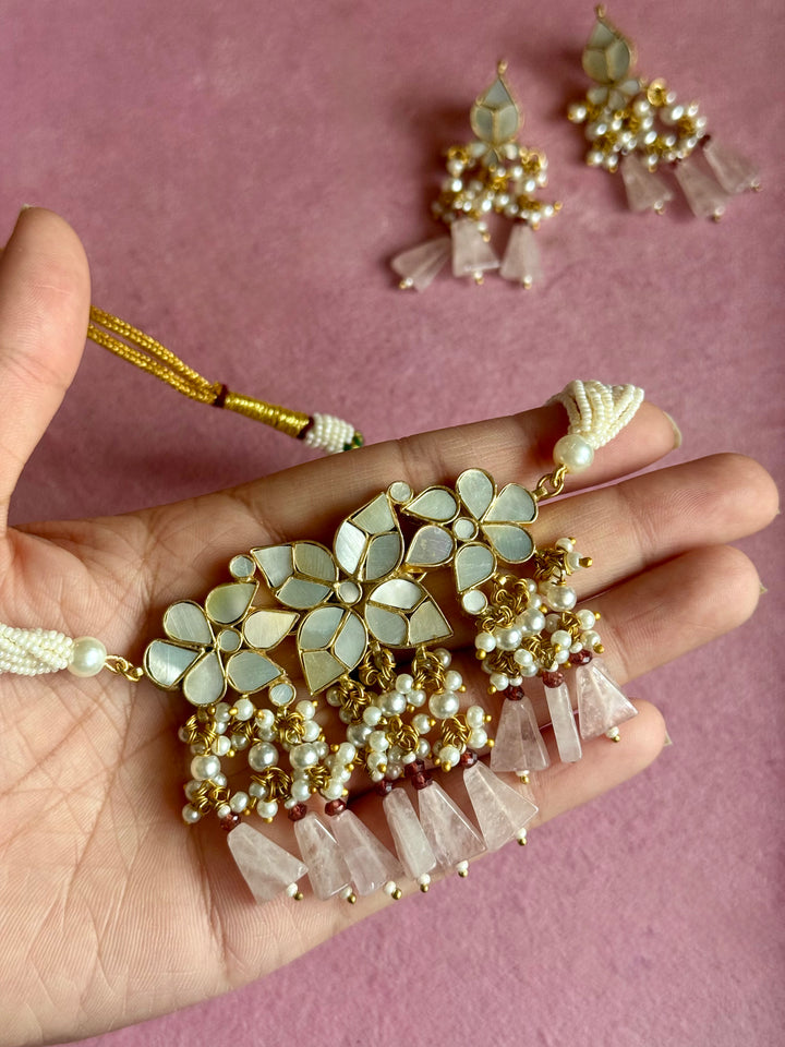 Rose Quartz Mother of Pearl and Pearl Choker Set