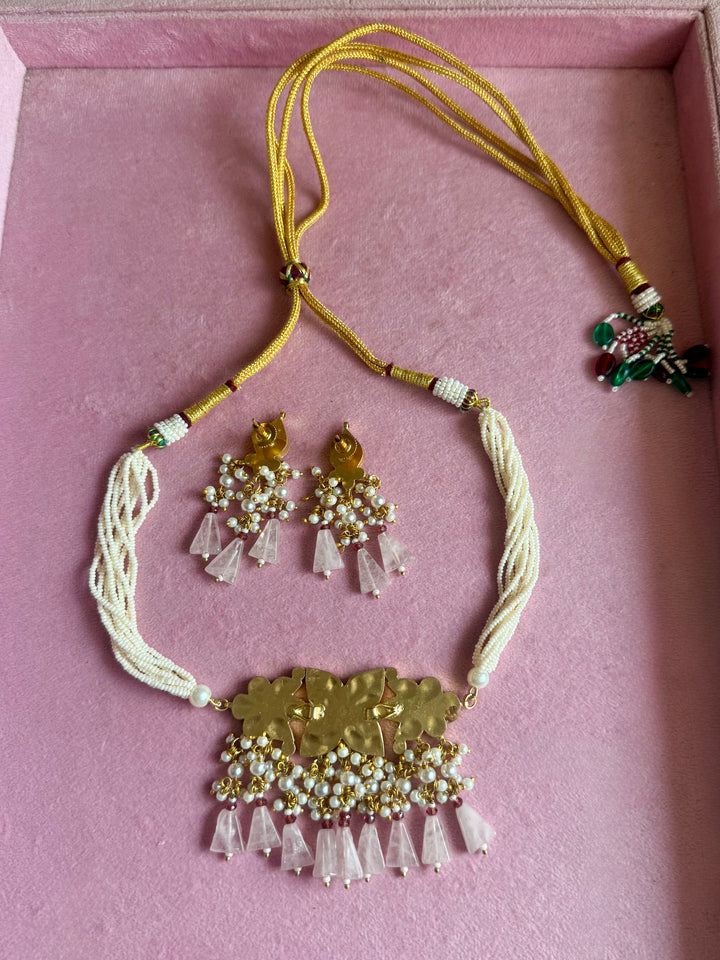 Rose Quartz Mother of Pearl and Pearl Choker Set