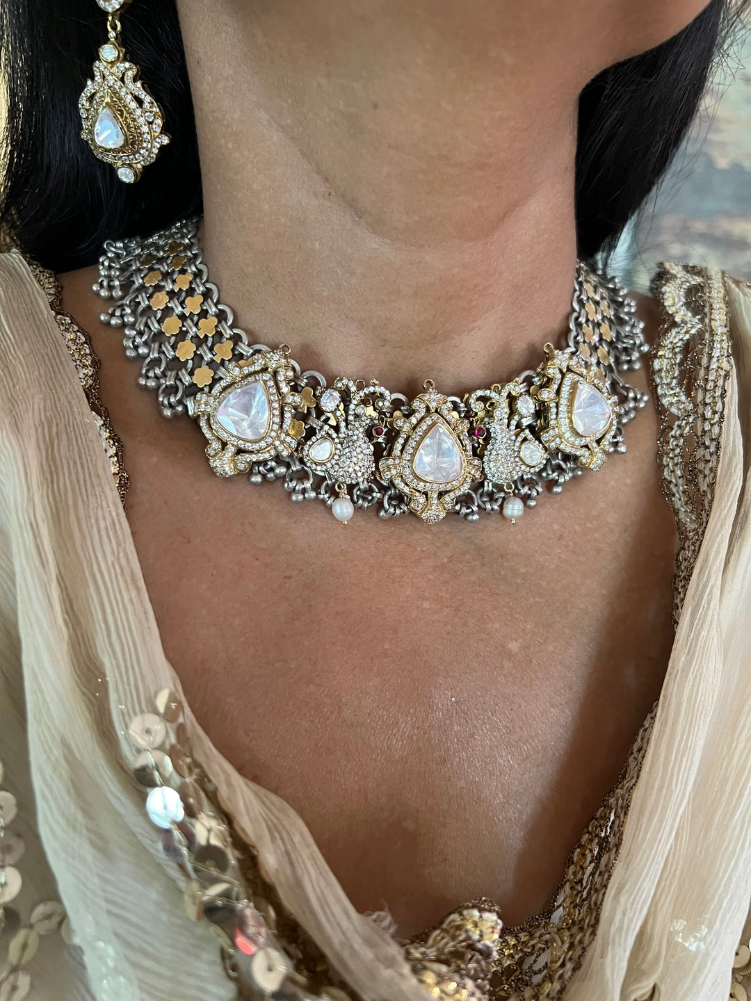 Kundan Polki 925 Silver Choker Necklace Set