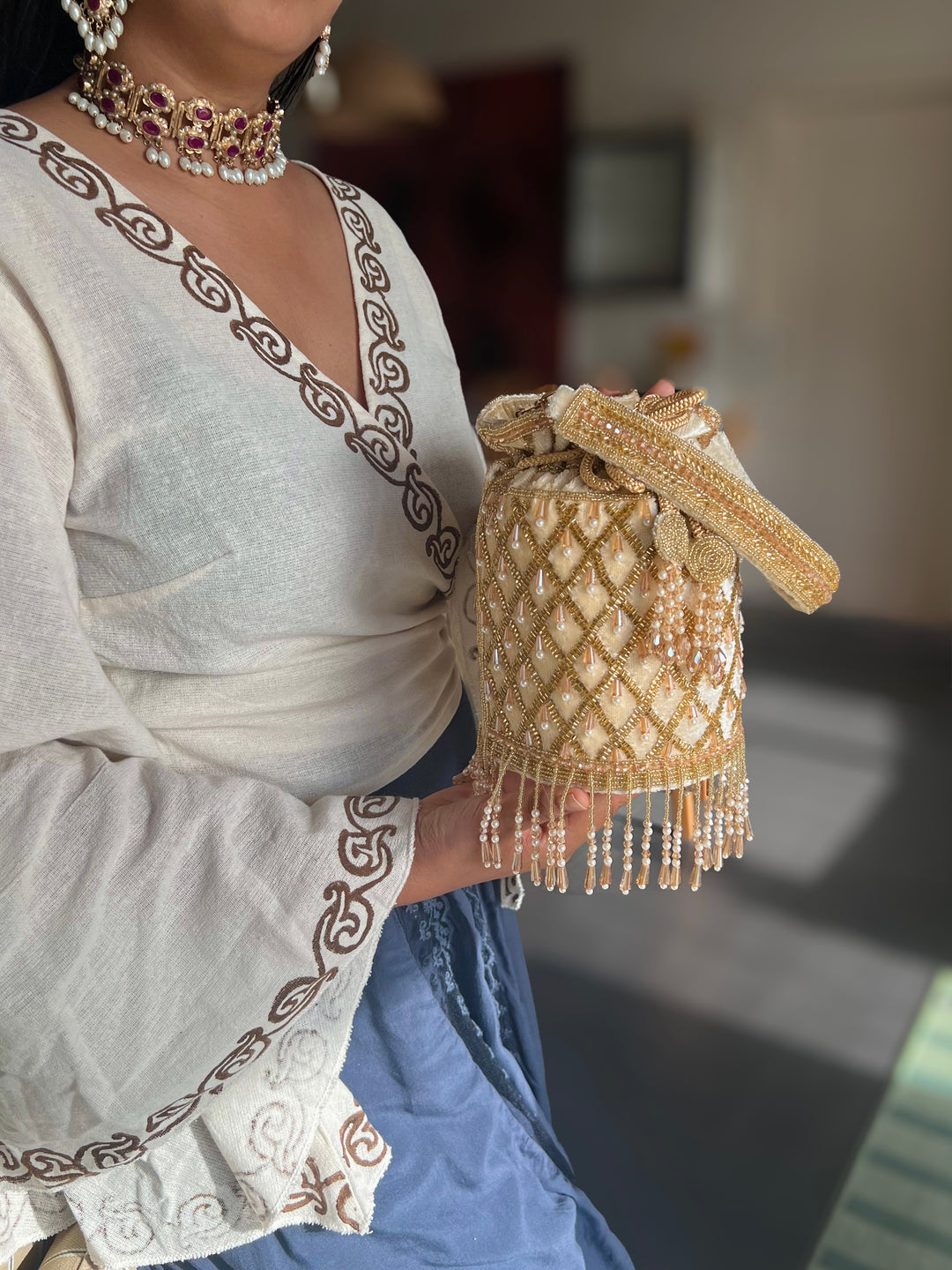 Handmade Velvet Pearl & Beaded Hand Purse | Elegant Statement Evening Clutch with Top Handle