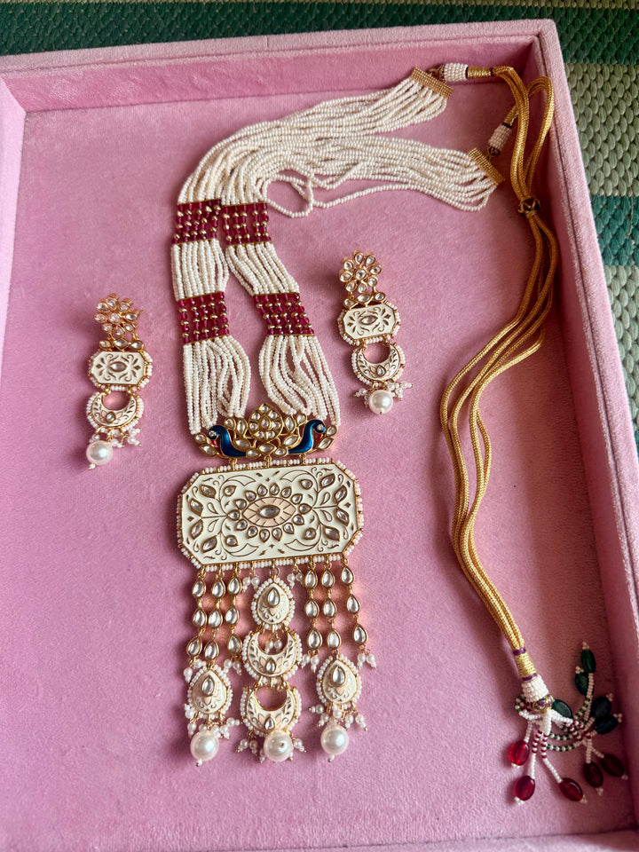 White Enamel Peacock Pendant Pearl Mala Set