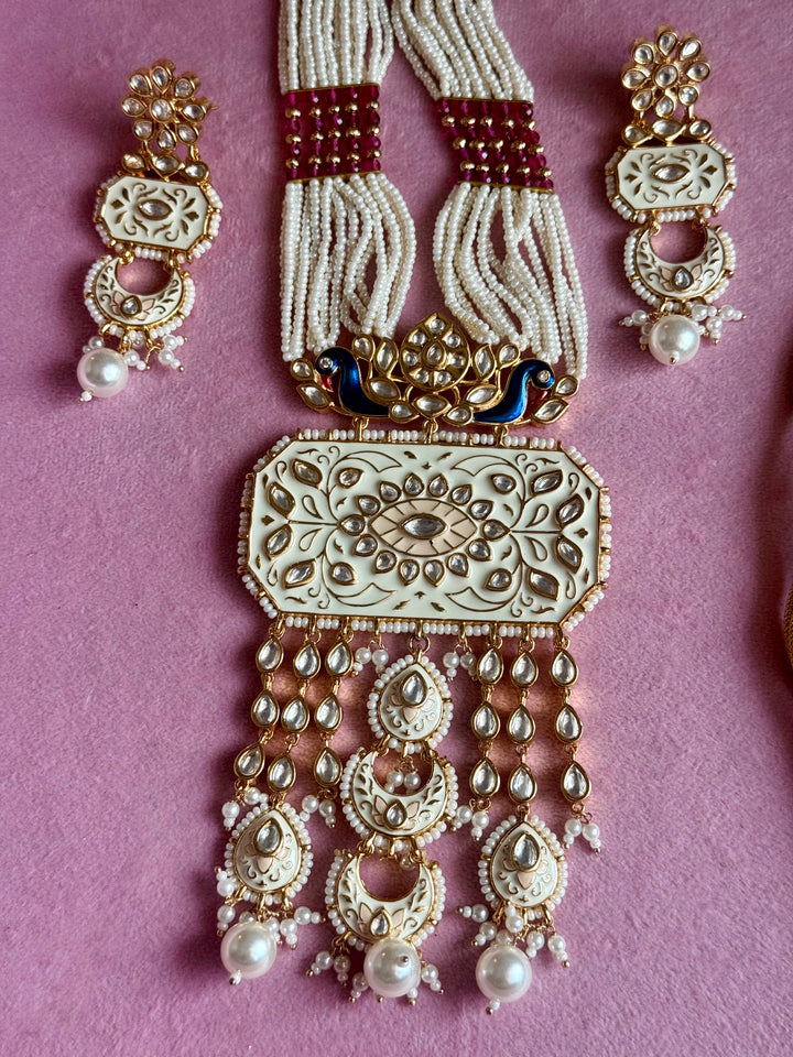 White Enamel Peacock Pendant Pearl Mala Set