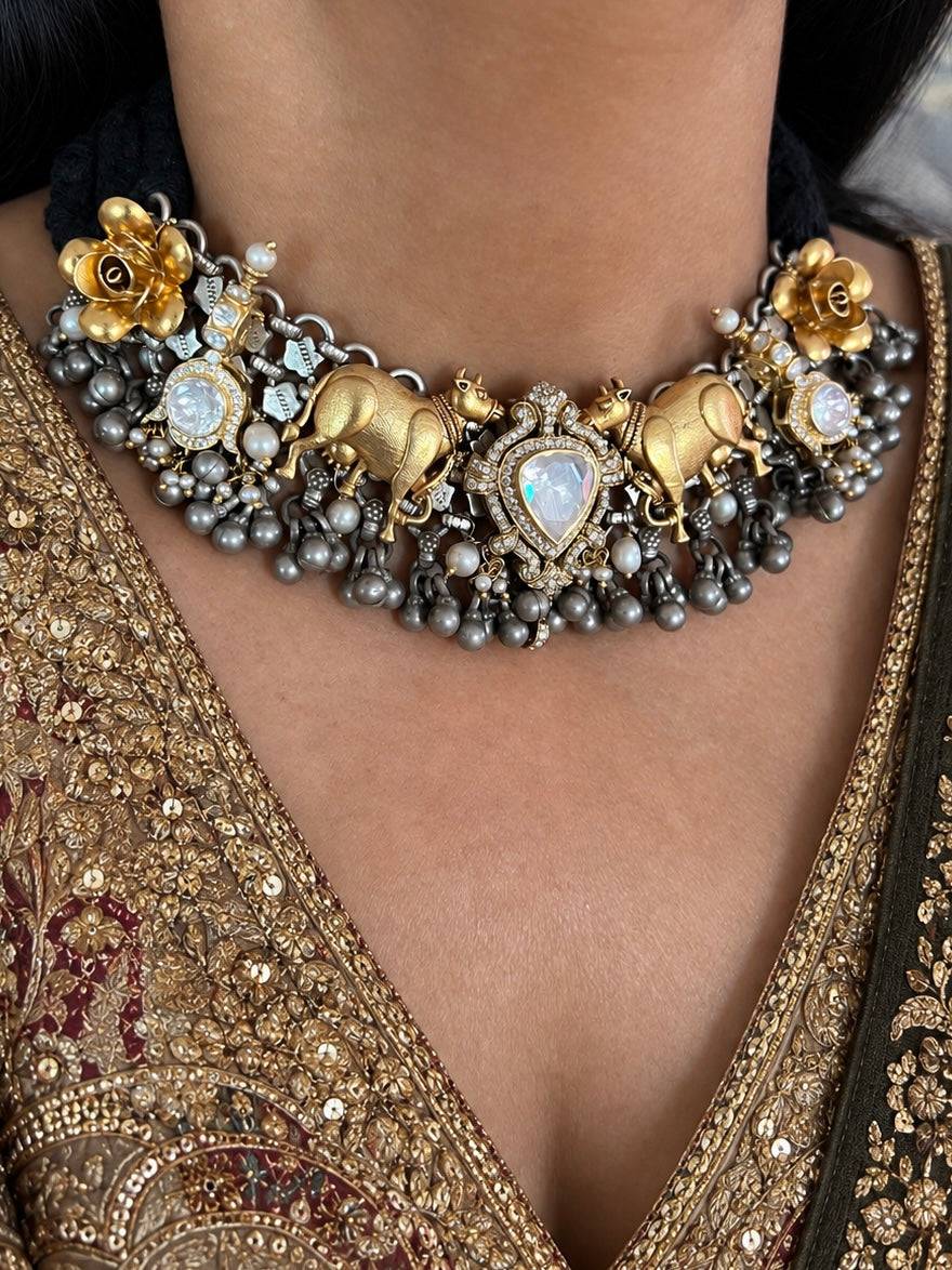 Golden Cow Motif Kundan Polki 925 Silver Choker Necklace Set
