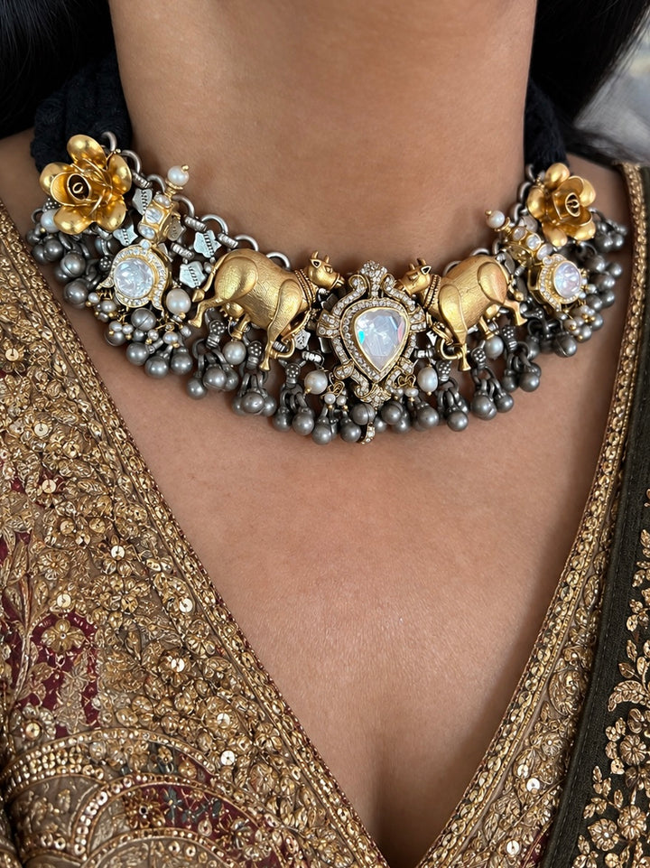 Golden Cow Motif Kundan Polki 925 Silver Choker Necklace Set