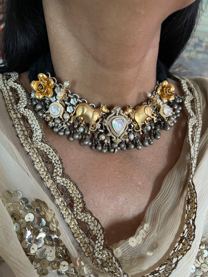 Kundan Polki 925 Silver Choker Necklace Set