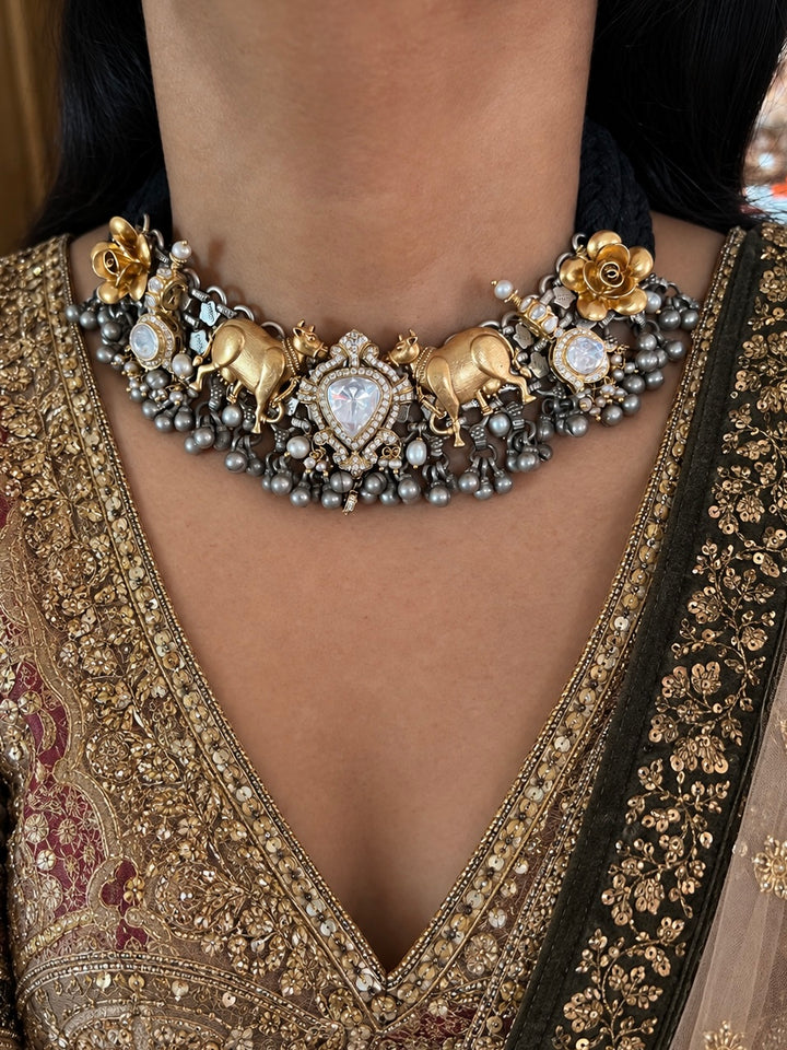 Golden Cow Motif Kundan Polki 925 Silver Choker Necklace Set