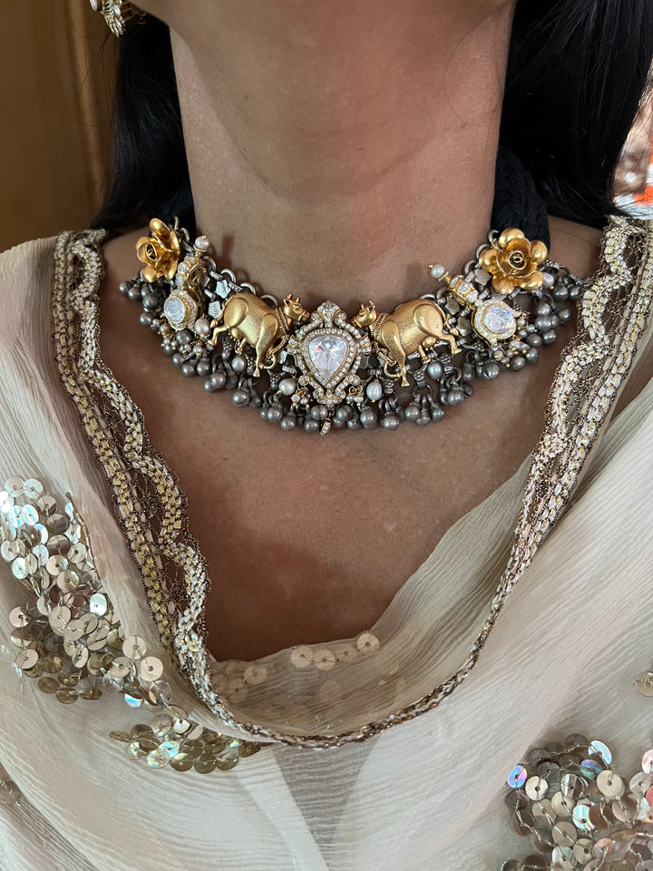 Kundan Polki 925 Silver Choker Necklace Set