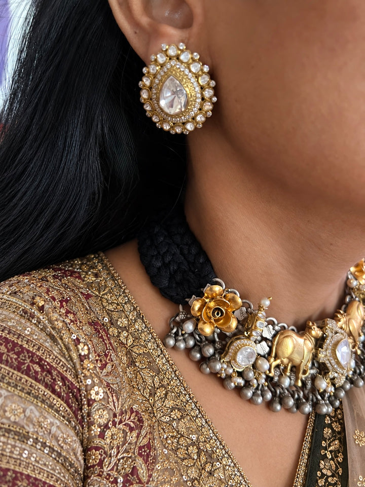 Golden Cow Motif Kundan Polki 925 Silver Choker Necklace Set