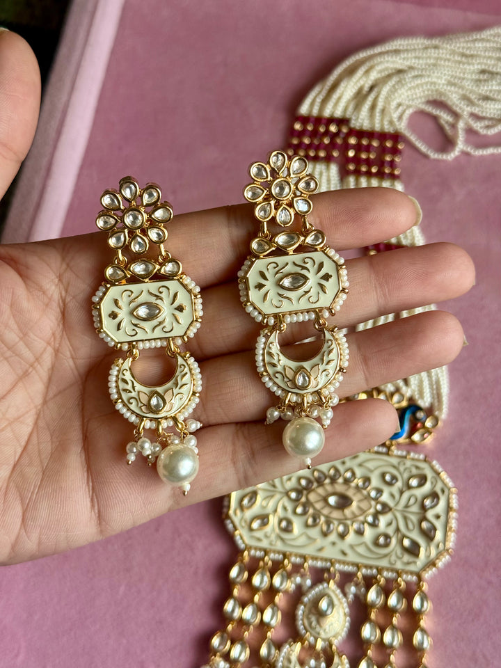 White Enamel Peacock Pendant Pearl Mala Set