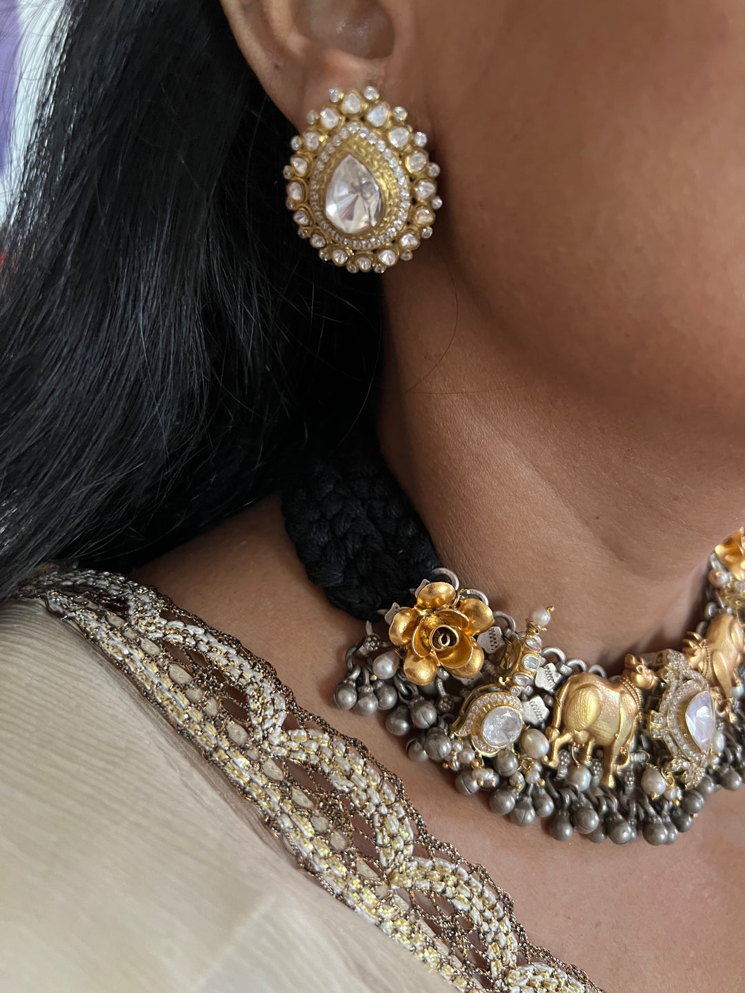 Kundan Polki 925 Silver Choker Necklace Set