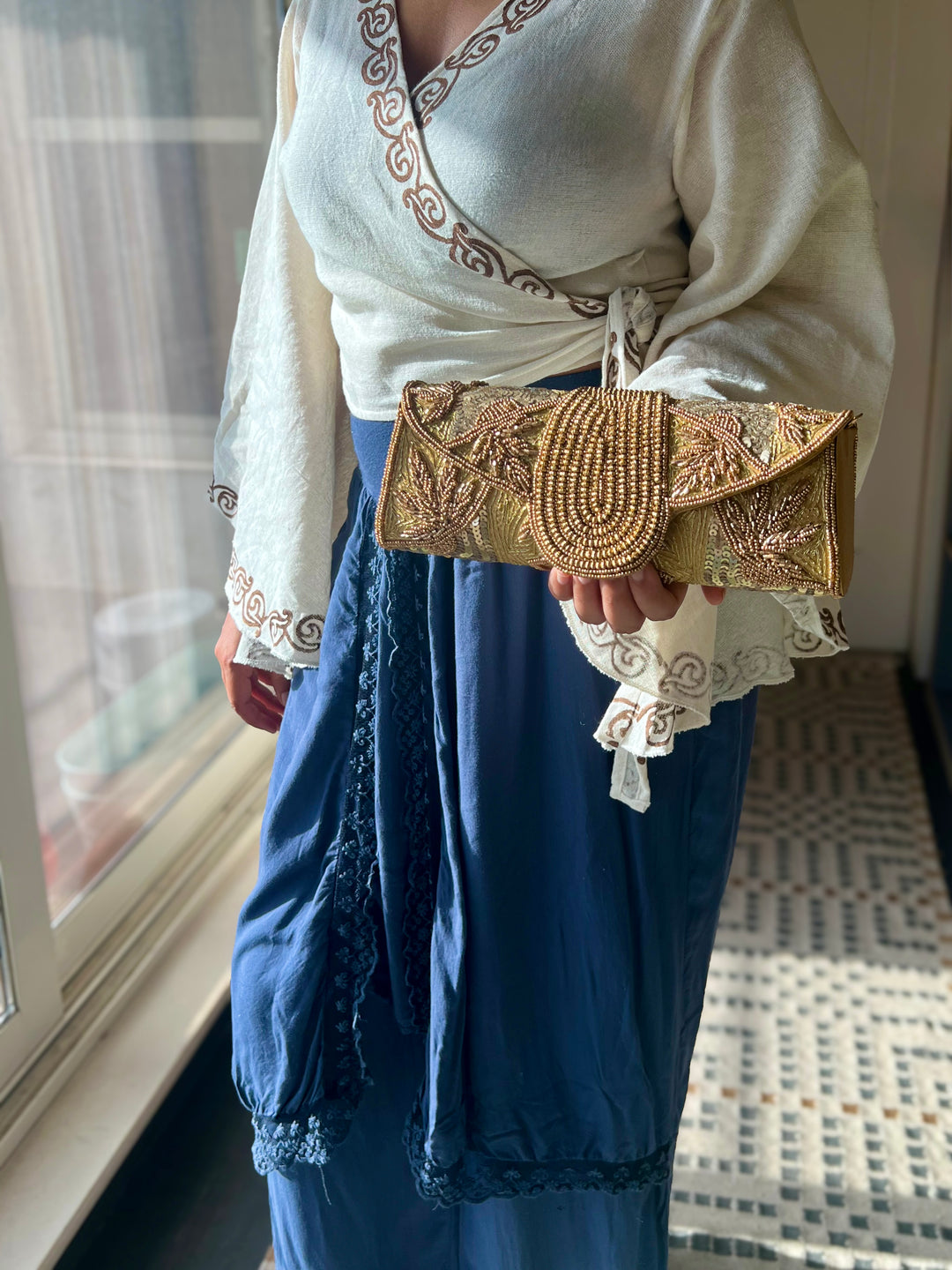Handmade Gold Yellow Beaded Clutch & Sling Bag | Convertible Statement Purse | Detachable Chain