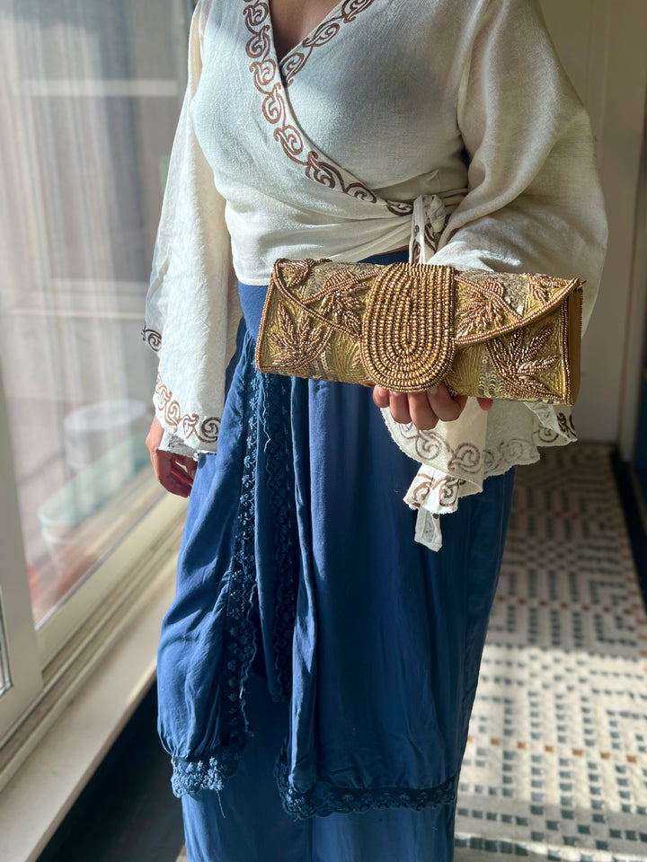 Handmade Gold Yellow Beaded Clutch & Sling Bag | Convertible Statement Purse | Detachable Chain