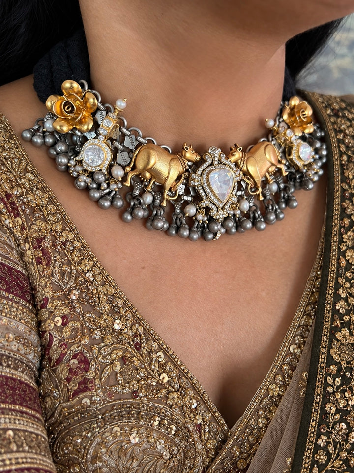 Golden Cow Motif Kundan Polki 925 Silver Choker Necklace Set