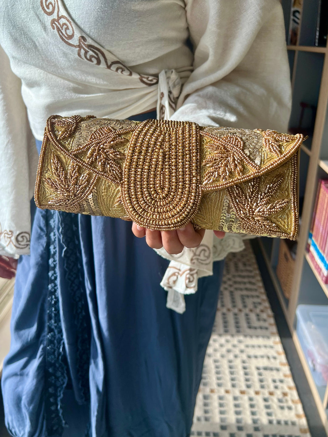 Handmade Gold Yellow Beaded Clutch & Sling Bag | Convertible Statement Purse | Detachable Chain