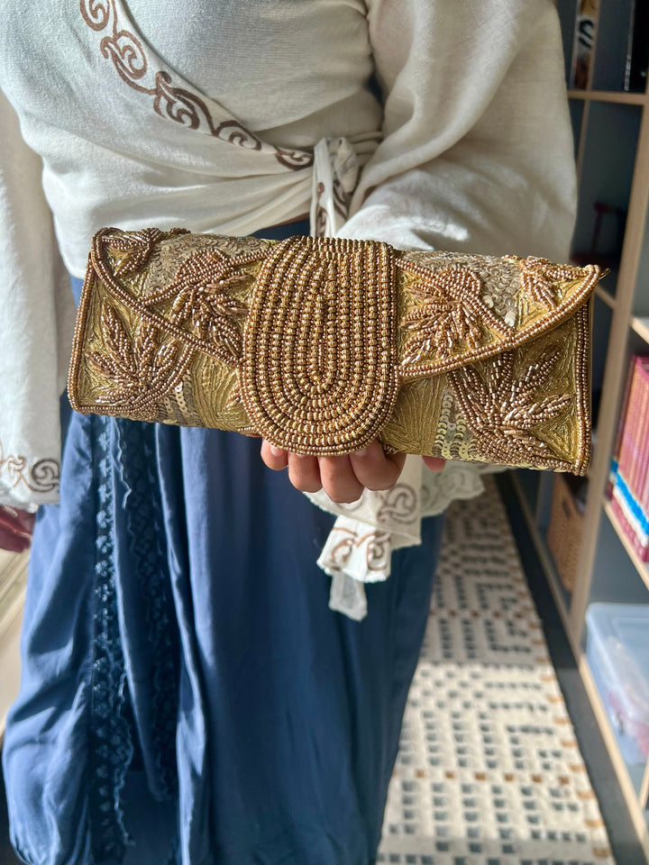 Handmade Gold Yellow Beaded Clutch & Sling Bag | Convertible Statement Purse | Detachable Chain