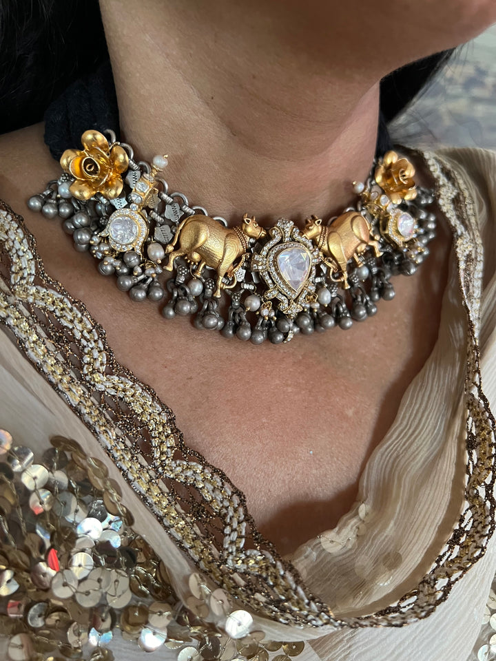 Kundan Polki 925 Silver Choker Necklace Set