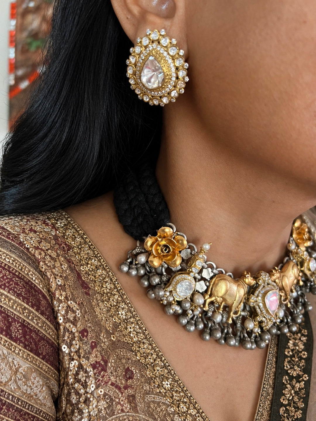 Golden Cow Motif Kundan Polki 925 Silver Choker Necklace Set