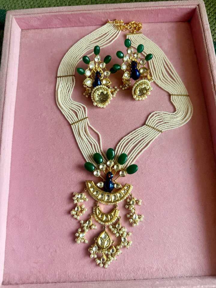 Peacock Kundan Polki and Green Onyx Pearl Mala Set