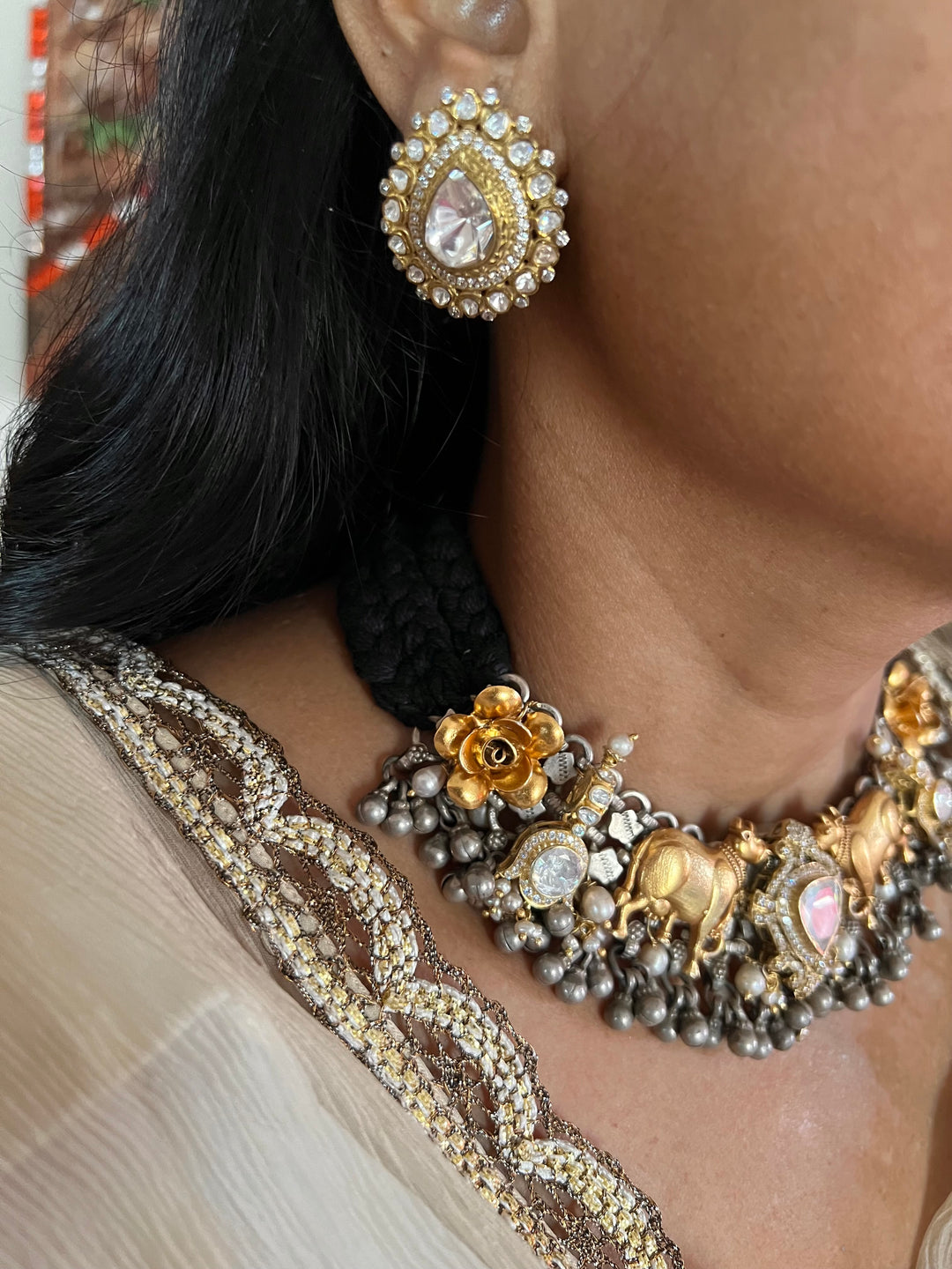 Kundan Polki 925 Silver Choker Necklace Set