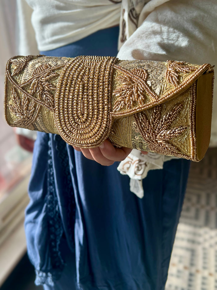 Handmade Gold Yellow Beaded Clutch & Sling Bag | Convertible Statement Purse | Detachable Chain