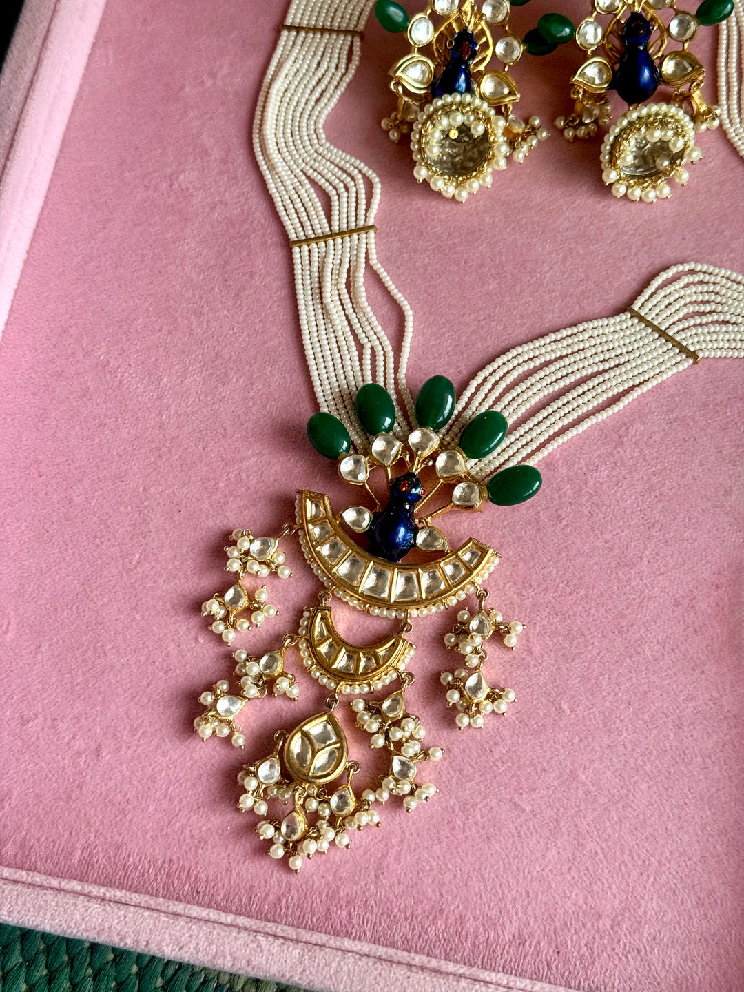 Peacock Kundan Polki and Green Onyx Pearl Mala Set